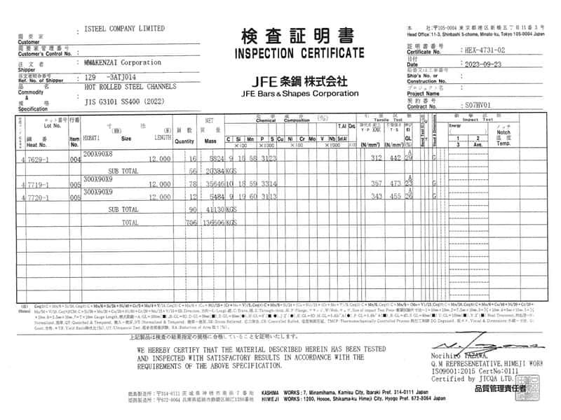 Chung chi thep hinh u300 Vinasteel vn